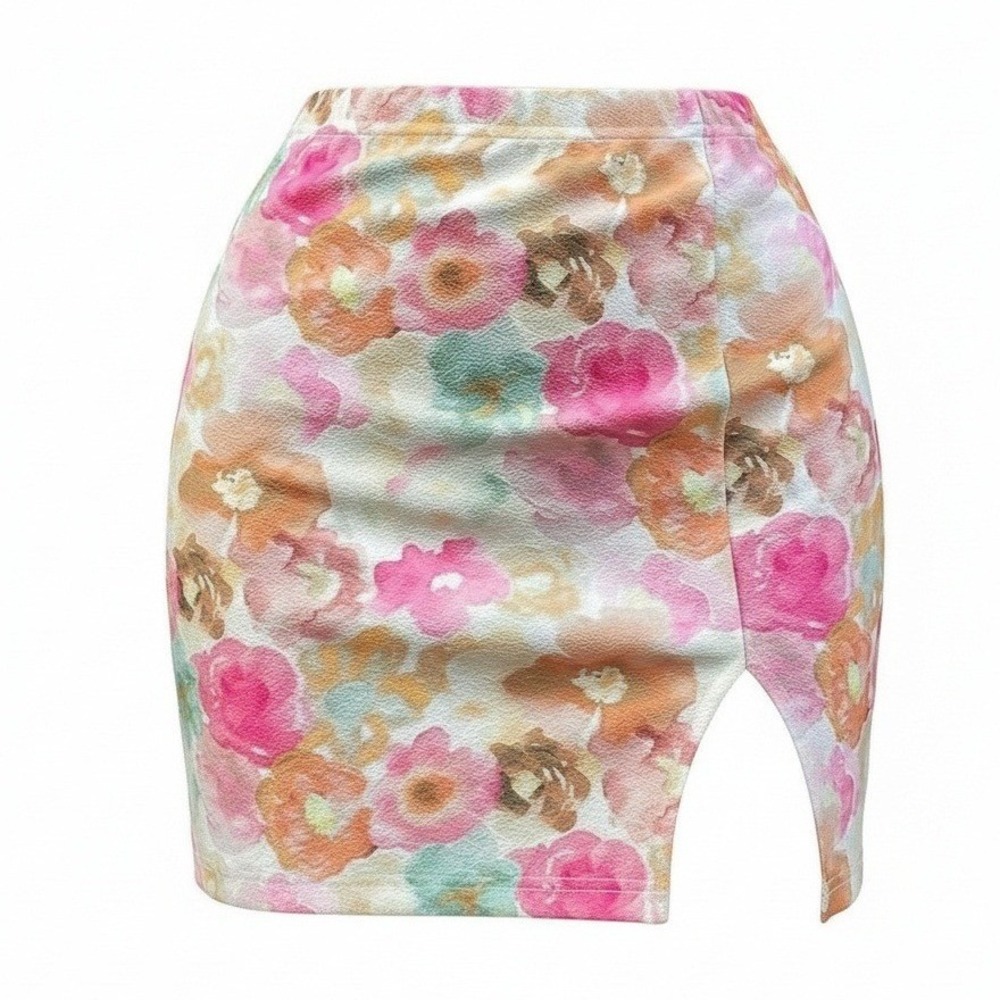 New Small Pink Floral Mini Skirt‎ Fitted Bodycon Slit High Rise Stretchy